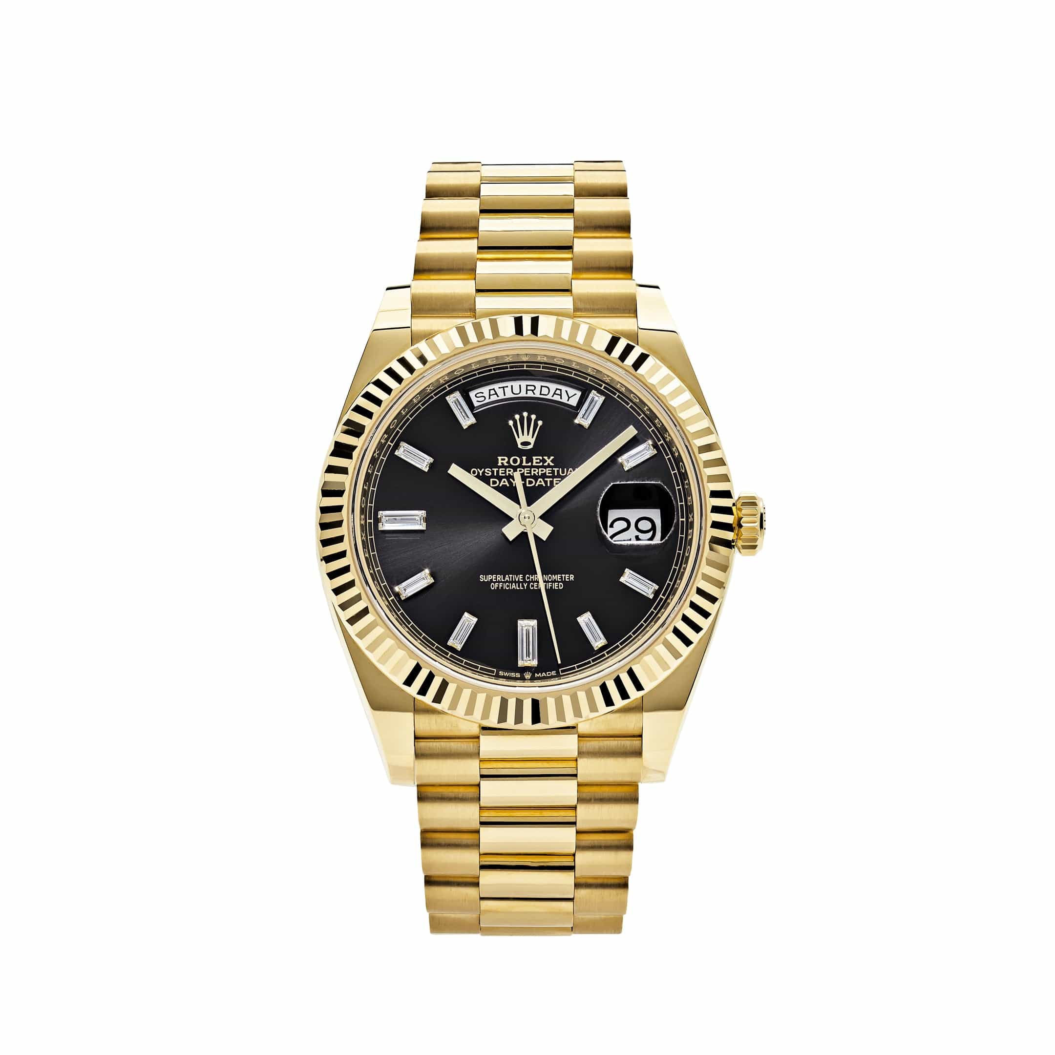 Rolex Day-Date Black Dial with Fluted Bezel Yellow Gold Style Automatic Watch / AAA Grade