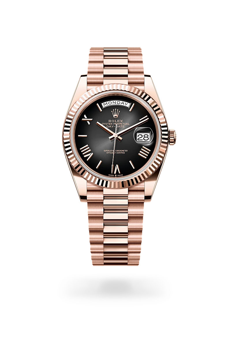 Rolex Day-Date Black Dial Roman Numeral with Fluted Bezel Everose Gold Style Automatic Watch / AAA Grade