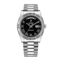 Rolex Day-Date Black Dial Roman Numeral with Fluted Bezel White Gold Style Automatic Watch / AAA Grade