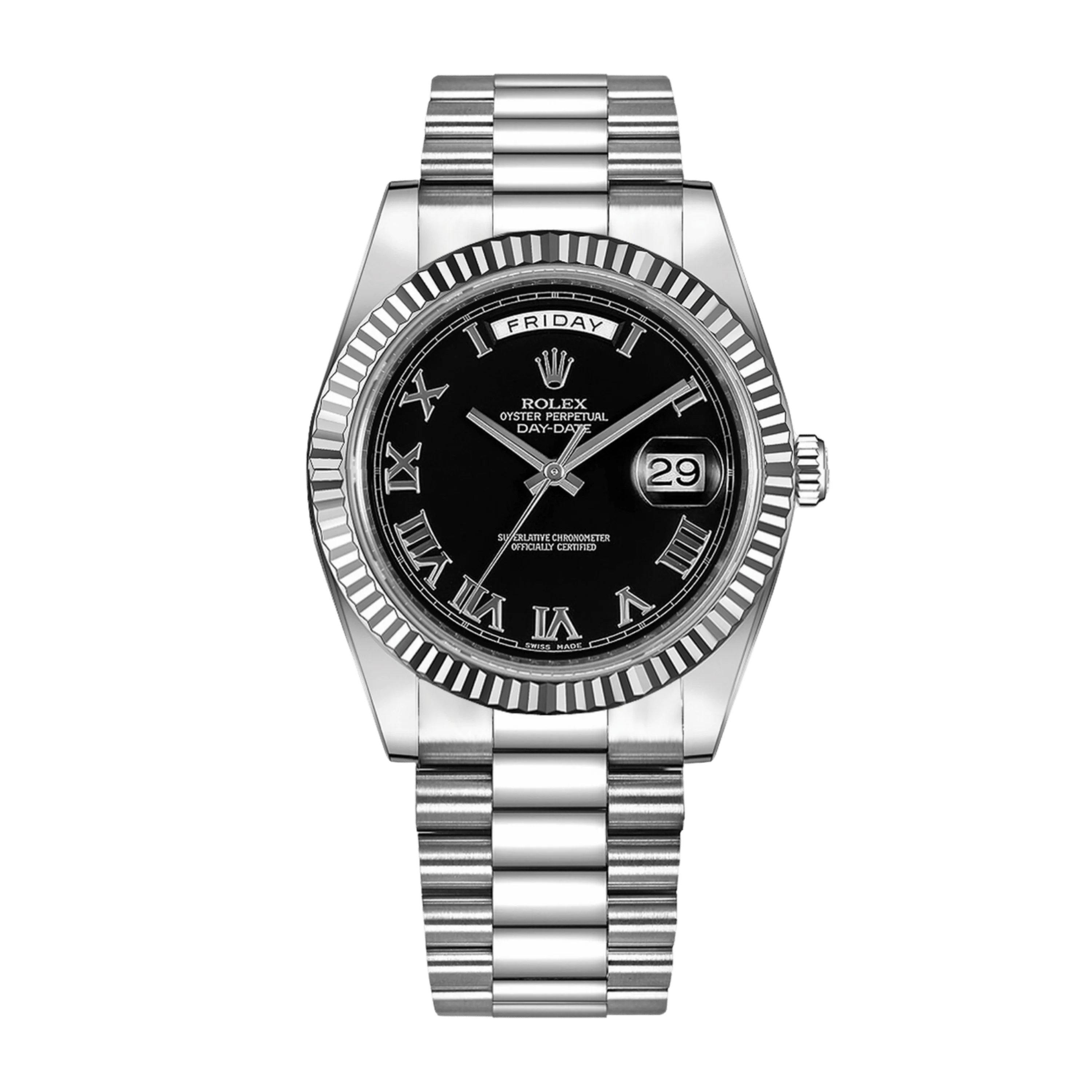 Rolex Day-Date Black Dial Roman Numeral with Fluted Bezel White Gold Style Automatic Watch / AAA Grade