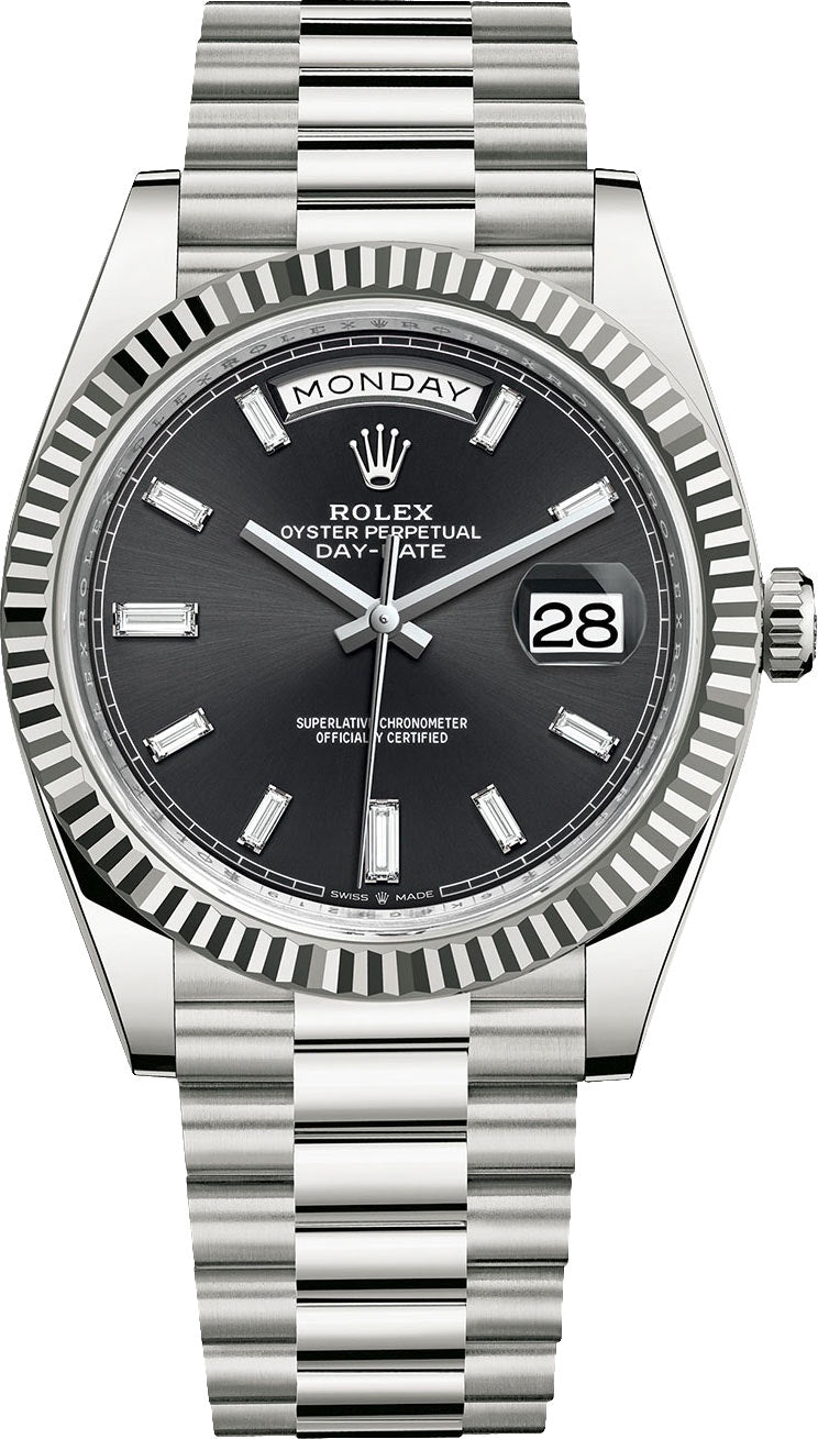 Rolex Day-Date Black Diamond Dial with Fluted Bezel White Gold Style Automatic Watch / AAA Grade