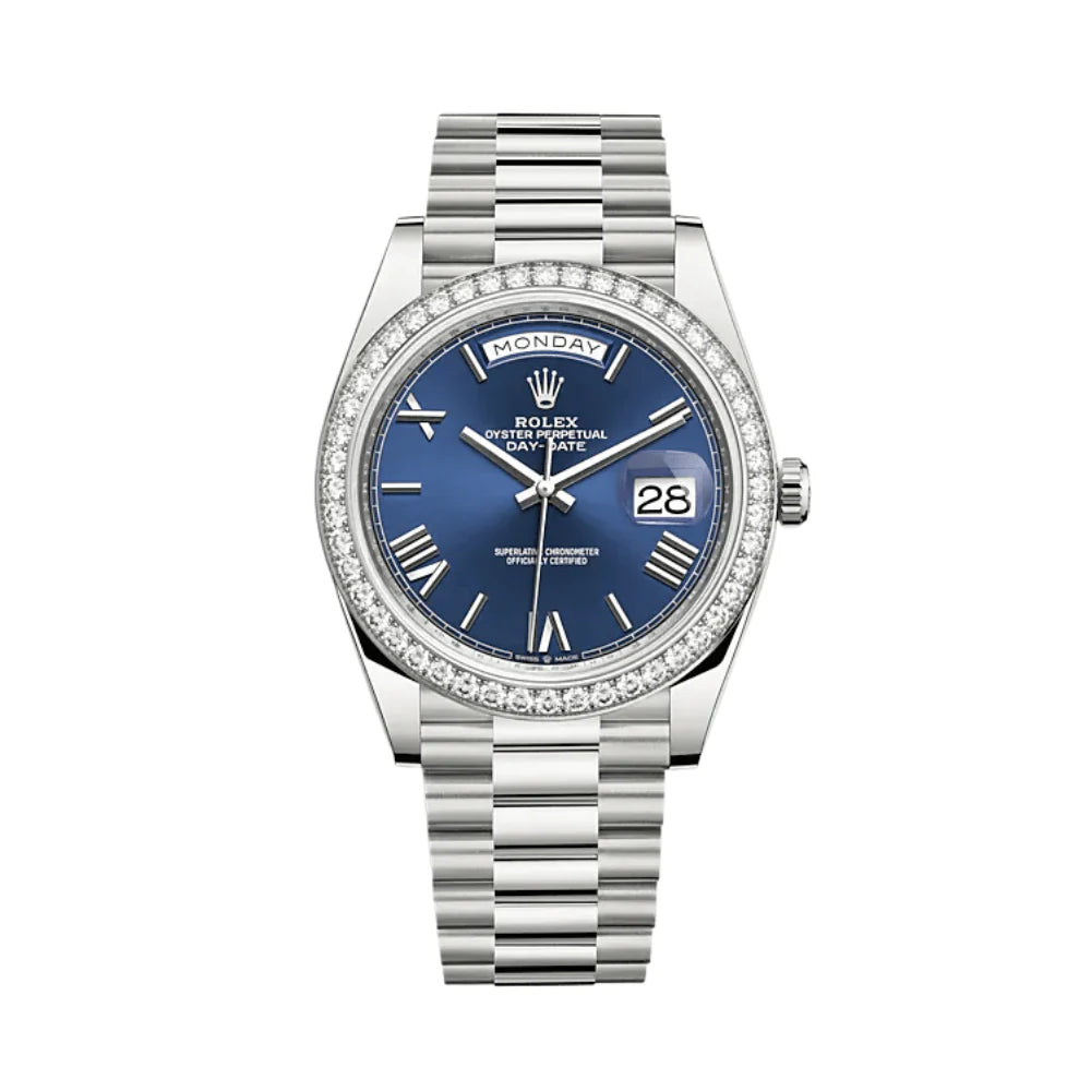 Rolex Day-Date Blue Dial Roman Numeral with Diamond Bezel White Gold Style Automatic Watch / AAA Grade