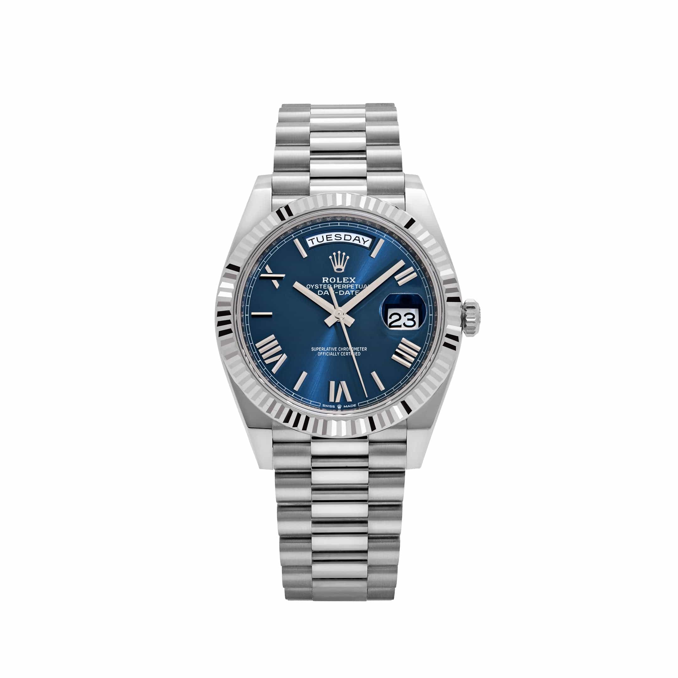 Rolex Day-Date Blue Dial Roman Numeral with Fluted Bezel White Gold Style Automatic Watch / AAA Grade