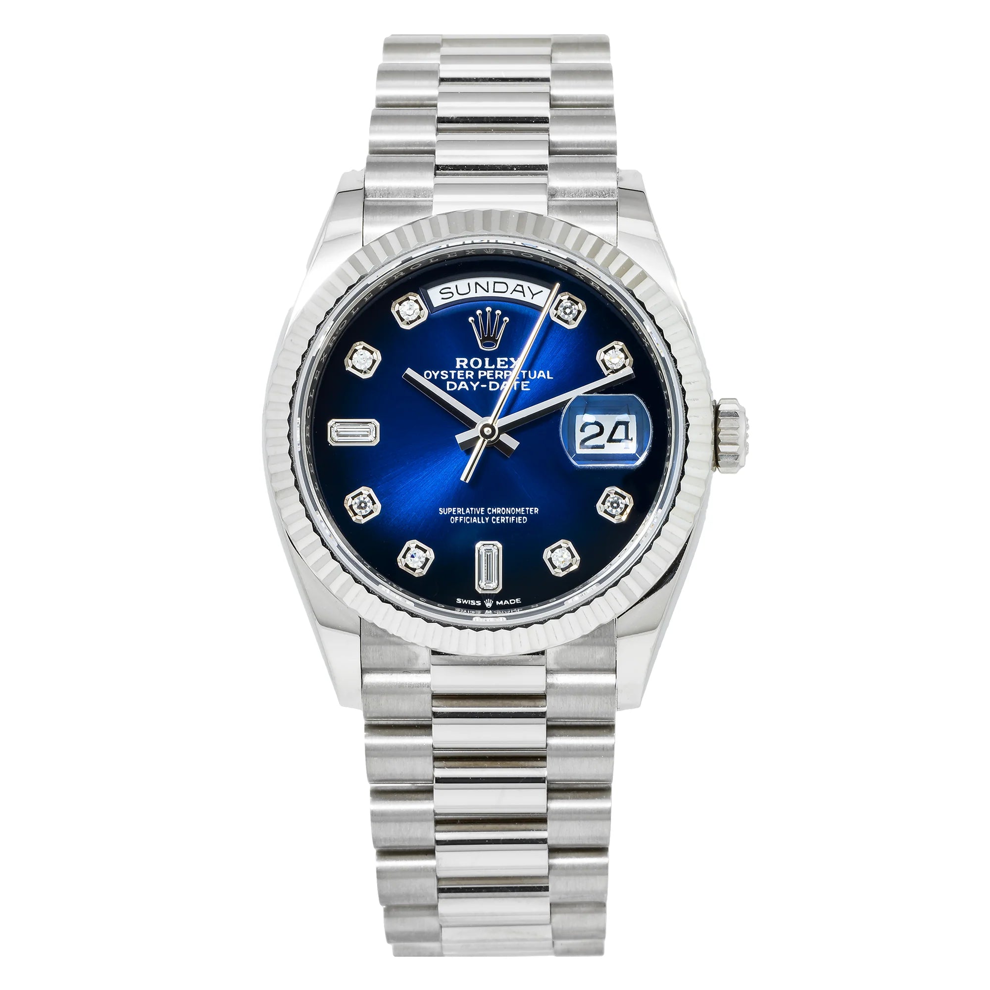 Rolex Day-Date Blue Diamond Dial with Fluted Bezel White Gold Style Automatic Watch / AAA Grade