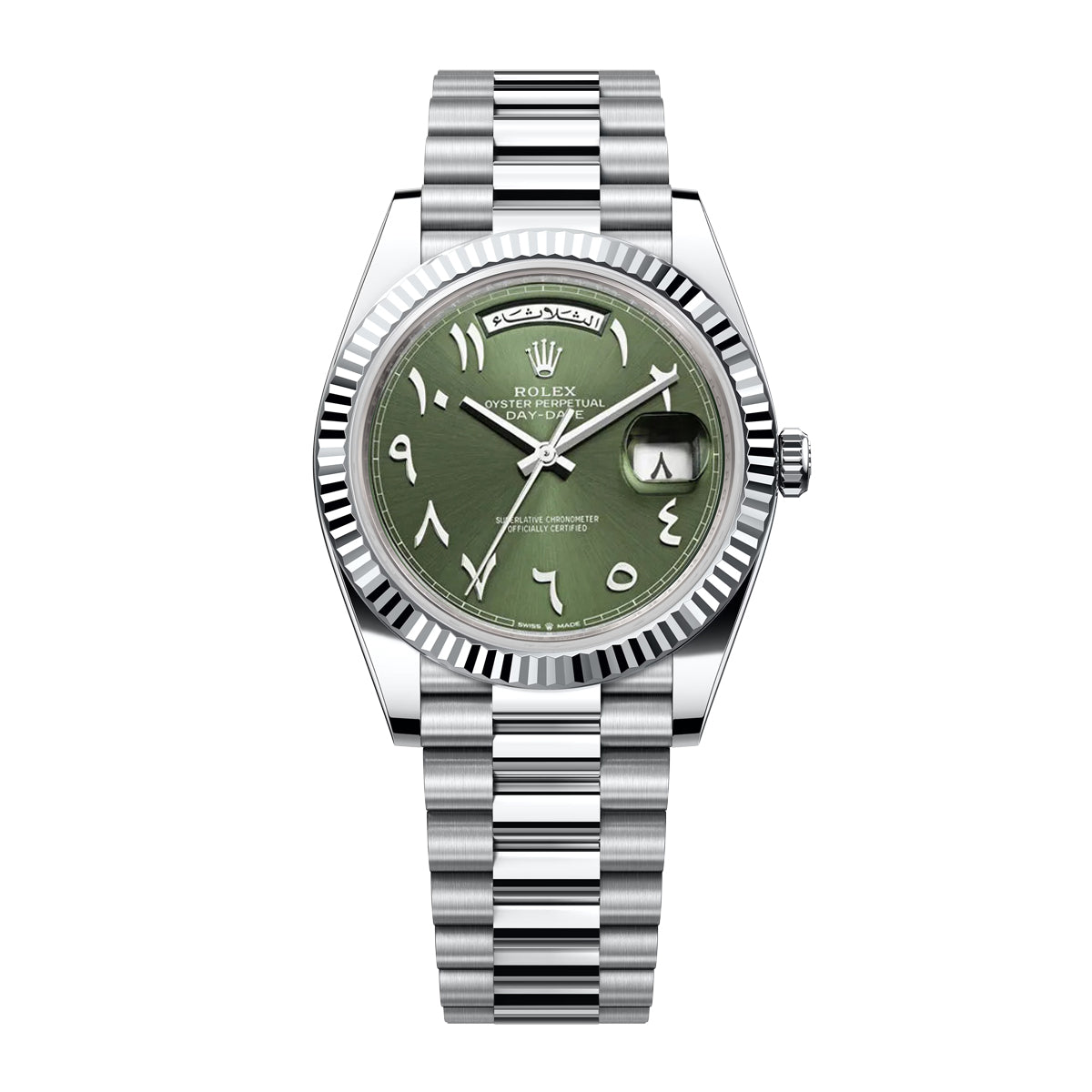 Rolex Day-Date Green Dial Arabic Numeral with Fluted Bezel White Gold Style Automatic Watch / AAA Grade