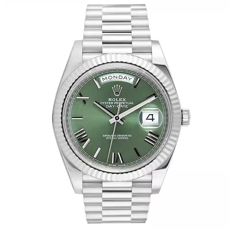 Rolex Day-Date Green Dial Roman Numeral with Fluted Bezel White Gold Style Automatic Watch / AAA Grade