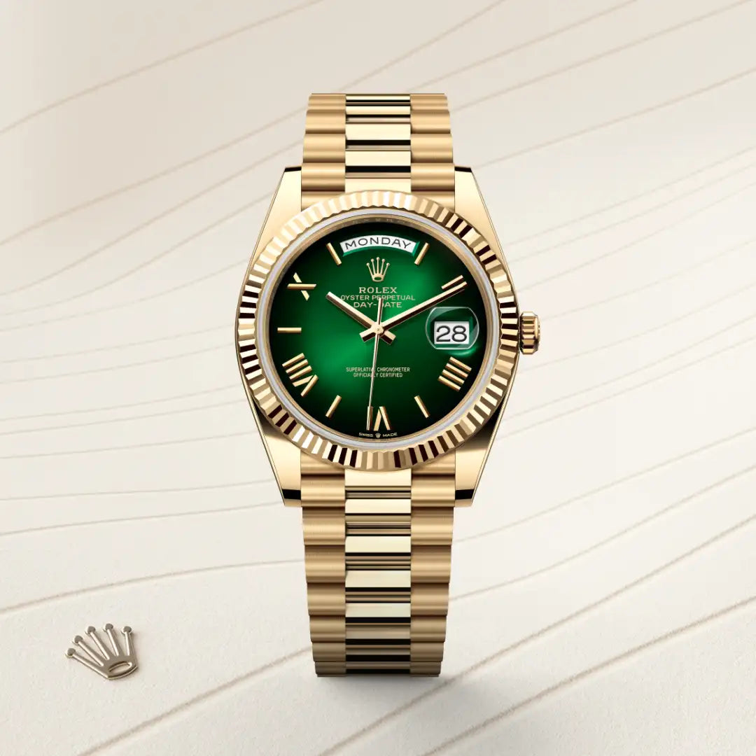 Rolex Day-Date Green Dial Roman Numeral with Fluted Bezel Yellow Gold Style Automatic Watch / AAA Grade