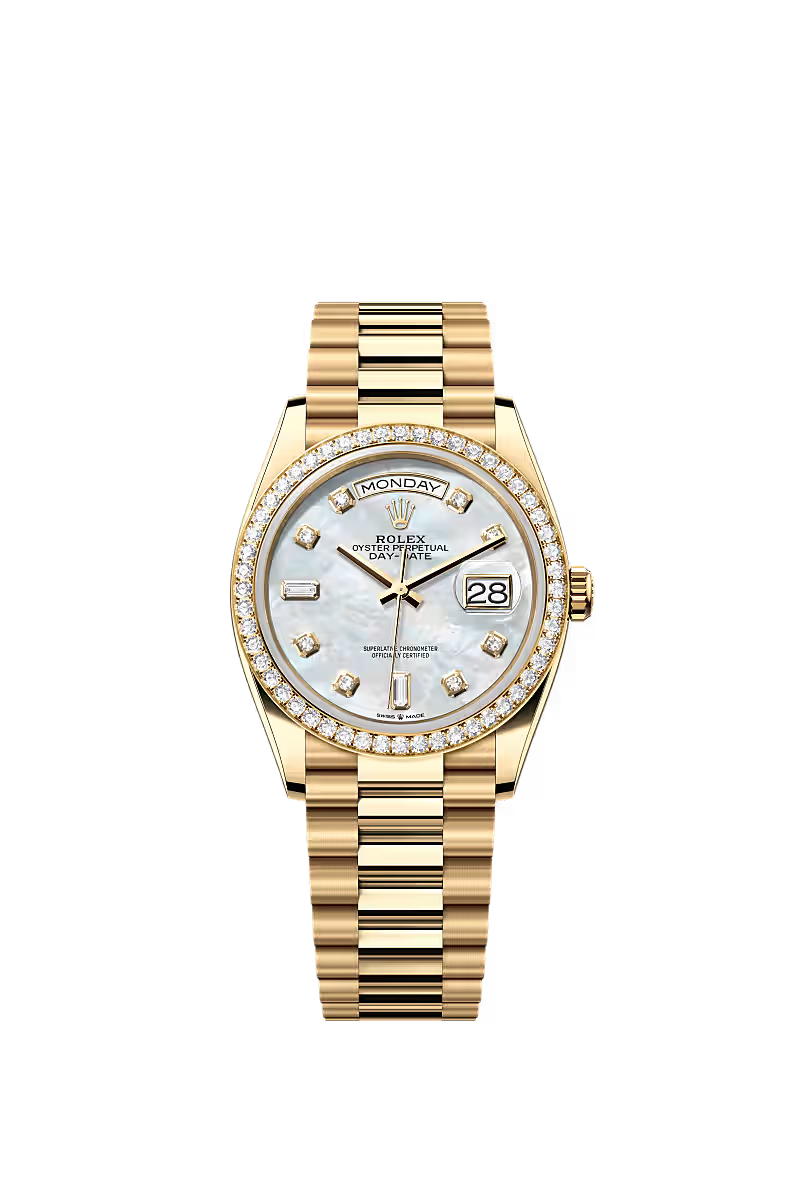 Rolex Day-Date Inspired MOP Dial Diamond-Style Bezel Yellow Gold-Tone Automatic Watch