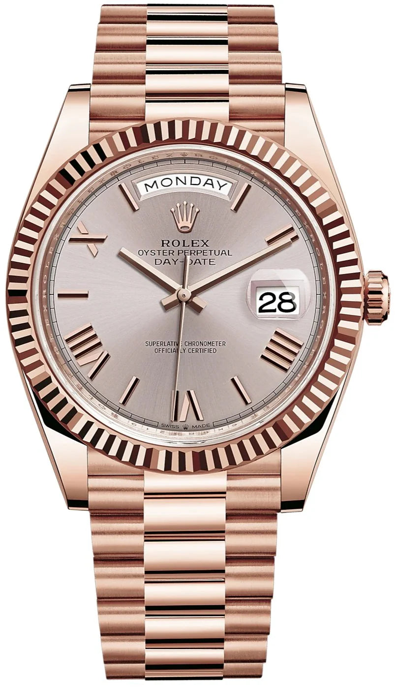 Rolex Day-Date Rose Gold Dial Roman Numeral with Fluted Bezel Everose Gold Style Automatic Watch / AAA Grade