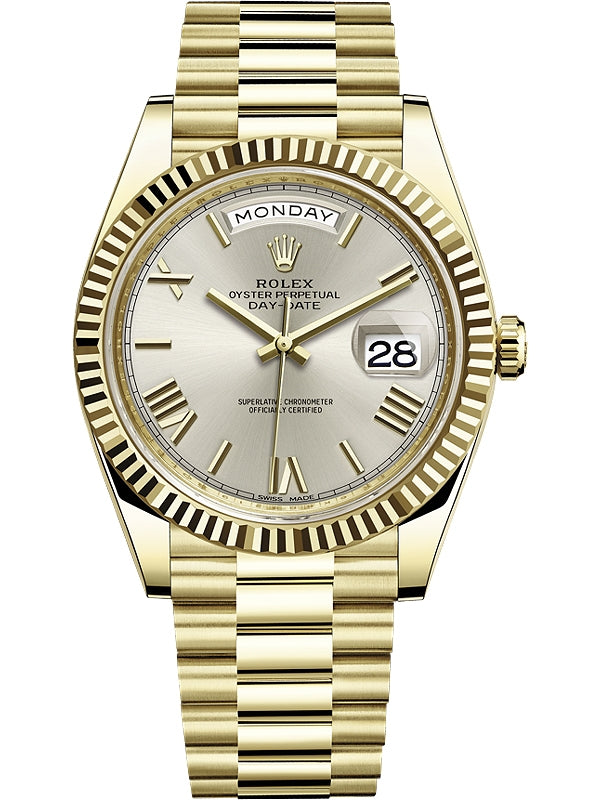 Rolex Day-Date Silver Dial Roman Numeral with Fluted Bezel Yellow Gold Style Automatic Watch / AAA Grade