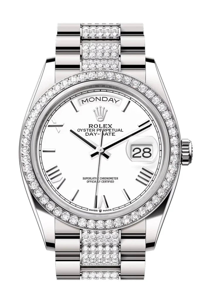Rolex Day-Date White Dial Roman Numeral with Diamond Bezel White Gold Style Automatic Watch / AAA Grade