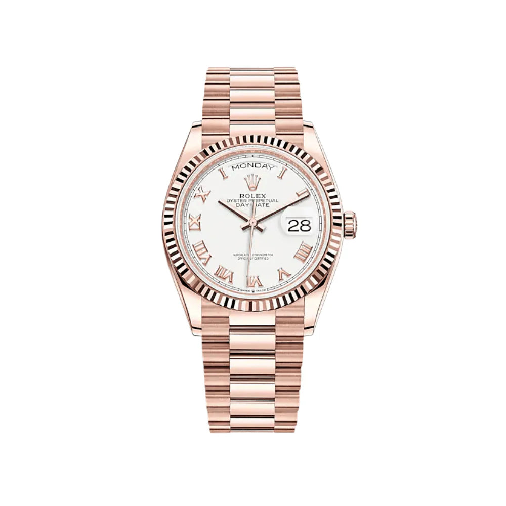 Rolex Day-Date White Dial Roman Numeral with Fluted Bezel Everose Gold Style Automatic Watch / AAA Grade