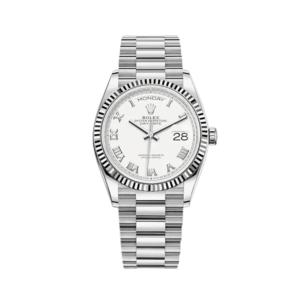 Rolex Day-Date White Dial Roman Numeral with Fluted Bezel White Gold Style Automatic Watch / AAA Grade